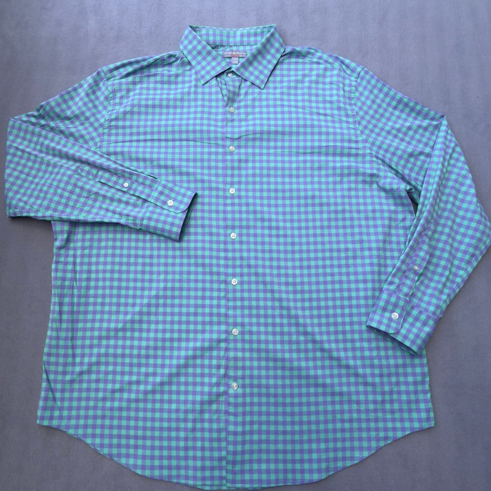 Peter Millar XXL Mens Green Purple Gingham Wicking Long Sleeve Button Down Shirt